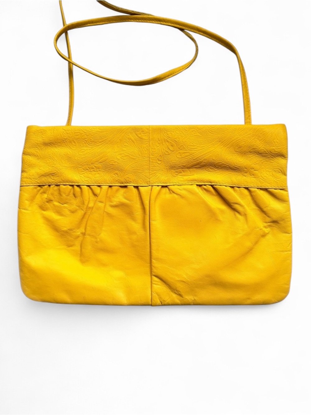 Vintage Yellow Genuine Leather Crossbody Clutch Bag Paisley Slouchy Boho